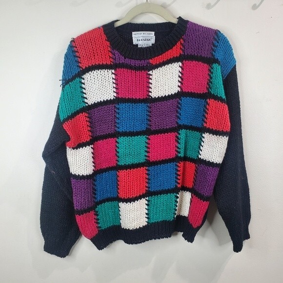 J.J.Fargo color block vintage hand knitted 80s sweater size medium - Picture 1 of 5